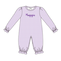 Heirloom Gingham Girls Violet Romper with Monogram - ETA DECEMBER
