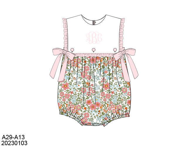 Spring Floral Bows Girls Bubble with Monogram
