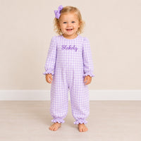 Heirloom Gingham Girls Violet Romper with Monogram - ETA DECEMBER