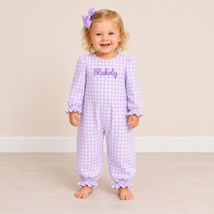 Heirloom Gingham Girls Violet Romper with Monogram - ETA DECEMBER