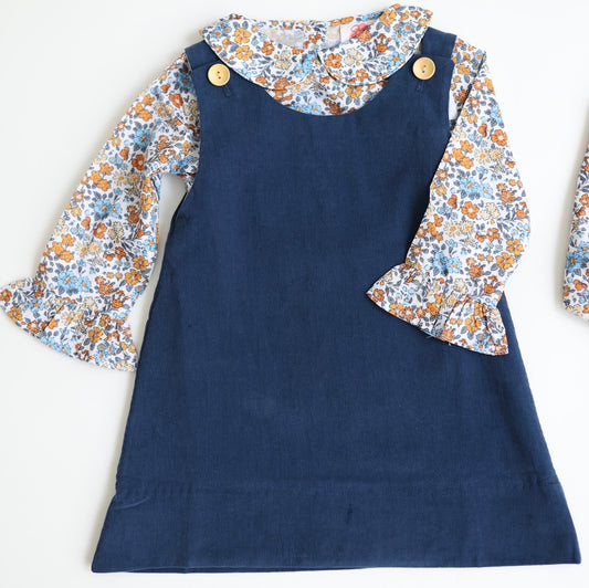 Navy Corduroy Dress with Floral Top