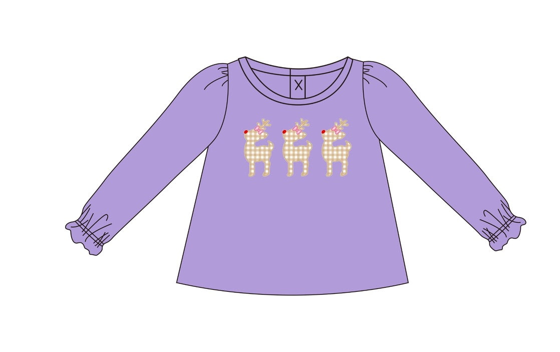 Purple Gingham Reindeer Long Sleeved T-Shirt - ETA OCTOBER