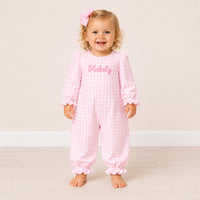 Heirloom Gingham Girls Pink Romper with Monogram - ETA DECEMBER
