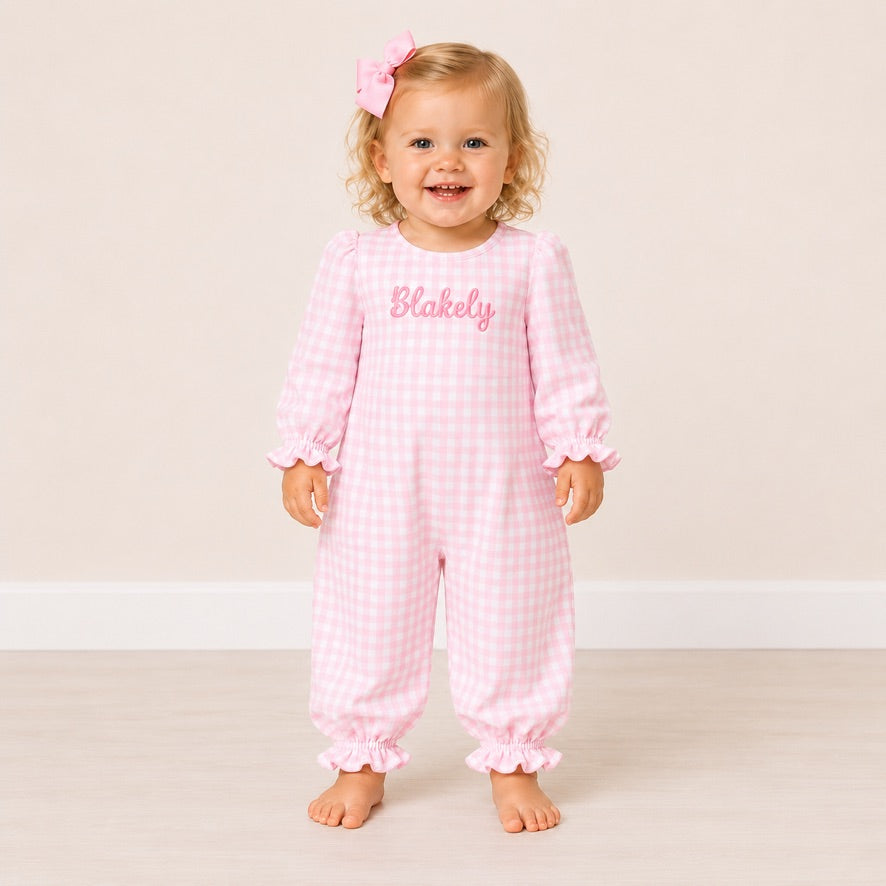 Heirloom Gingham Girls Pink Romper with Monogram - ETA DECEMBER