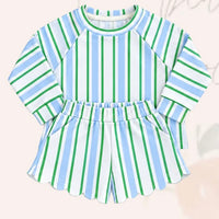 Spring Scallop Shorts Set in Green Stripe - ETA MARCH