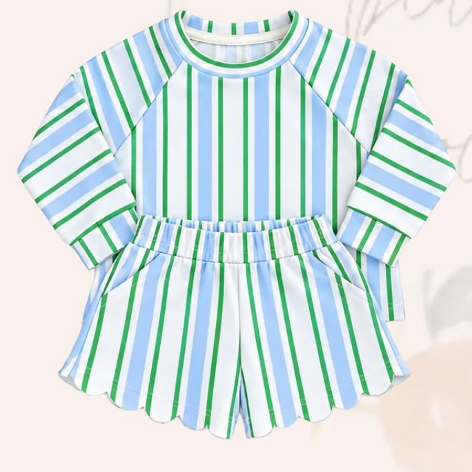 Spring Scallop Shorts Set in Green Stripe - ETA MARCH
