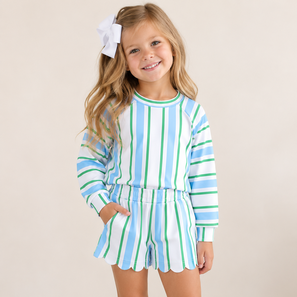 Spring Scallop Shorts Set in Green Stripe - ETA MARCH