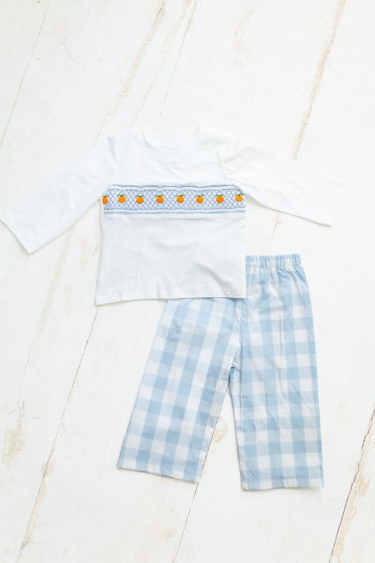 Gingham Smocked Pumpkins - Boy Pant Set