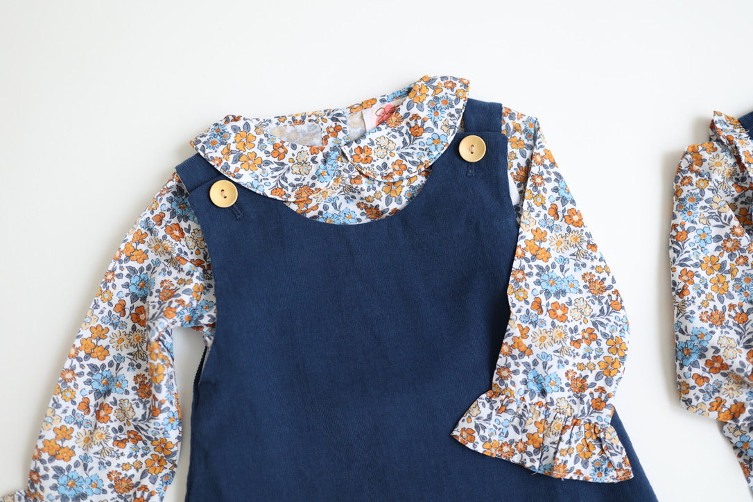 Navy Corduroy Dress with Floral Top