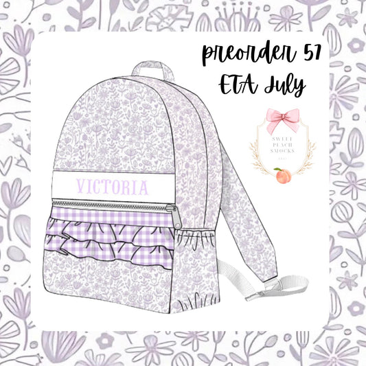 Lavender Floral Personalized Backpack with Ruffles