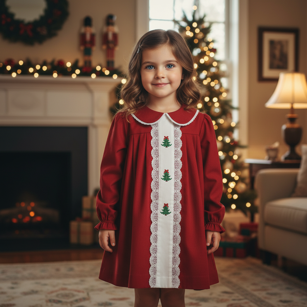 Christmas Heirloom Evergreen Smocked Girls Dress